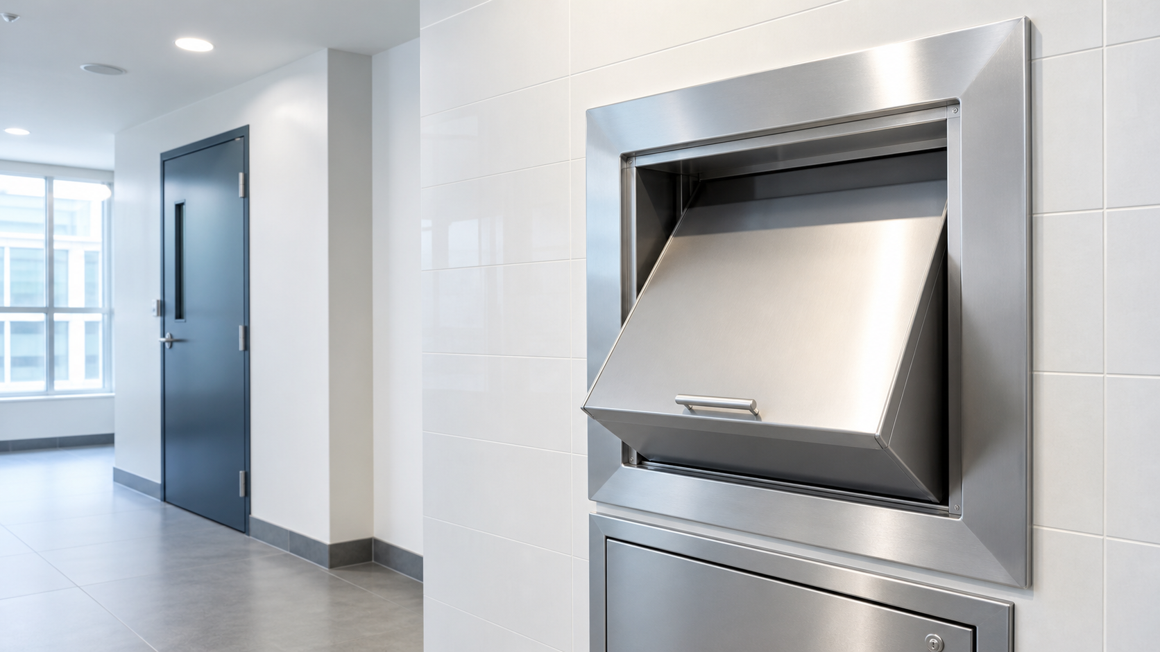 Clean stainless steel trash chute intake door in a modern building corridor