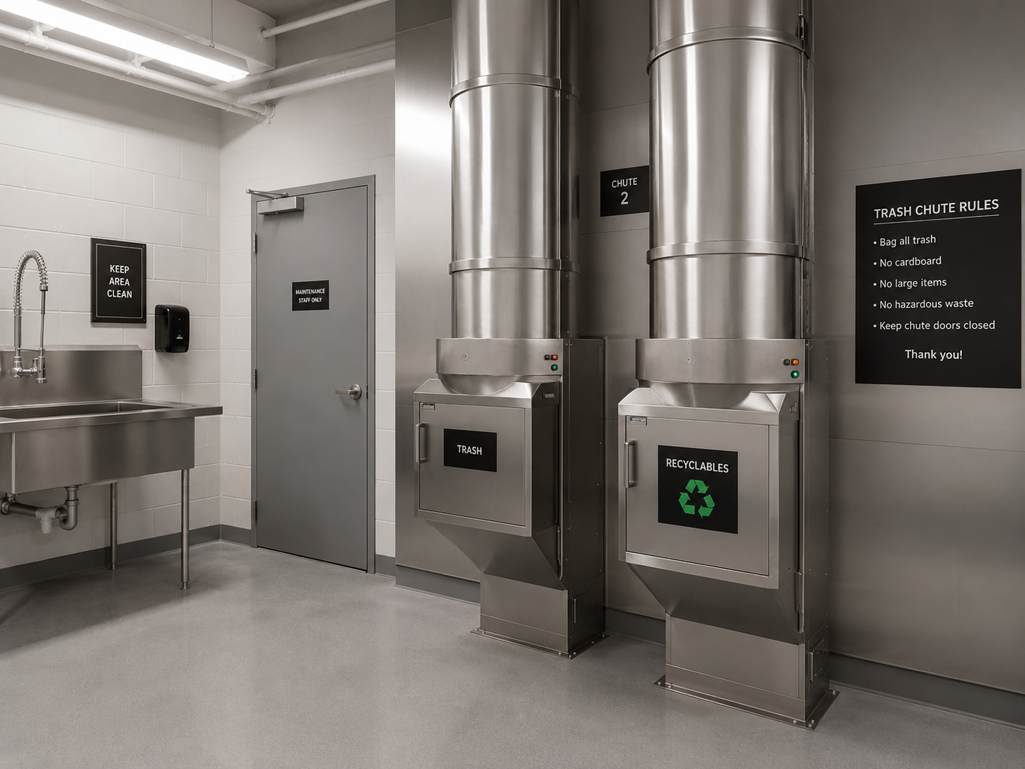 Clean stainless steel trash chute door in a polished apartment corridor