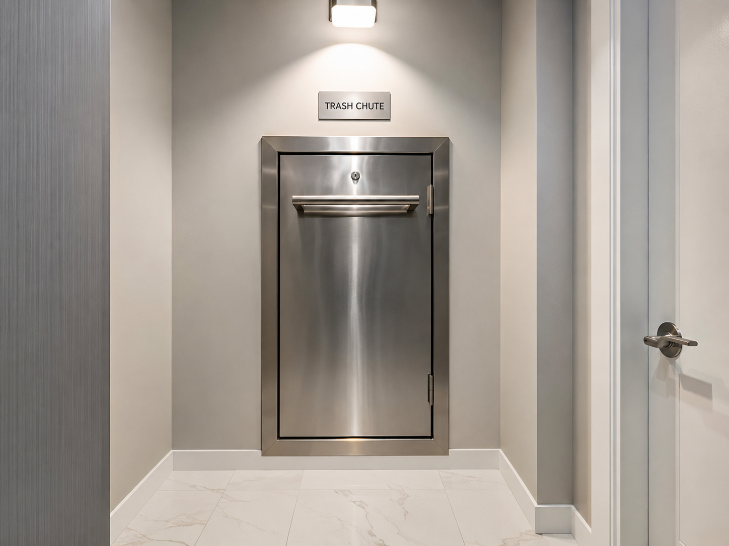 Clean stainless steel trash chute door with a clear hallway sign
