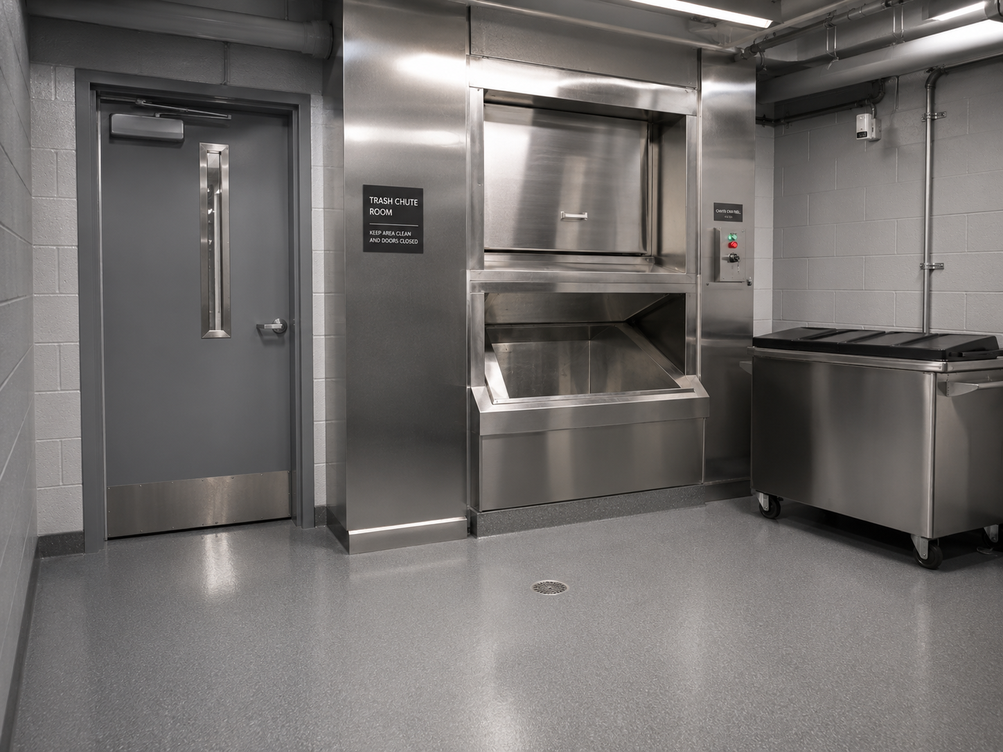 Clean stainless steel trash chute room with posted chute signs