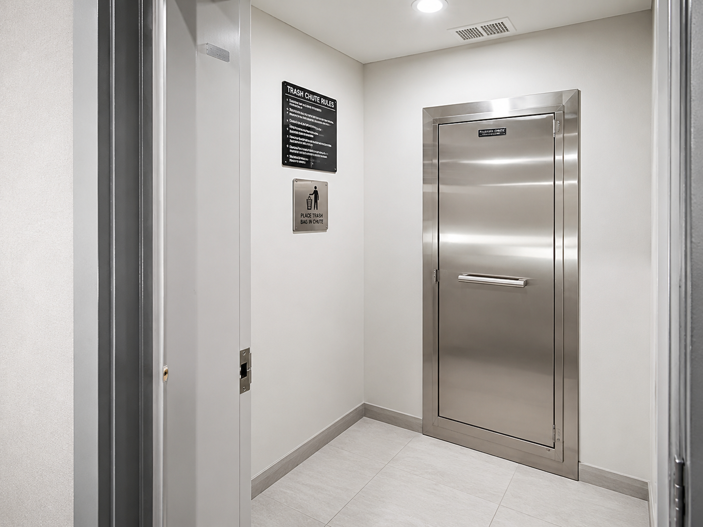 Clean stainless steel chute and recycling room with posted trash chute rules