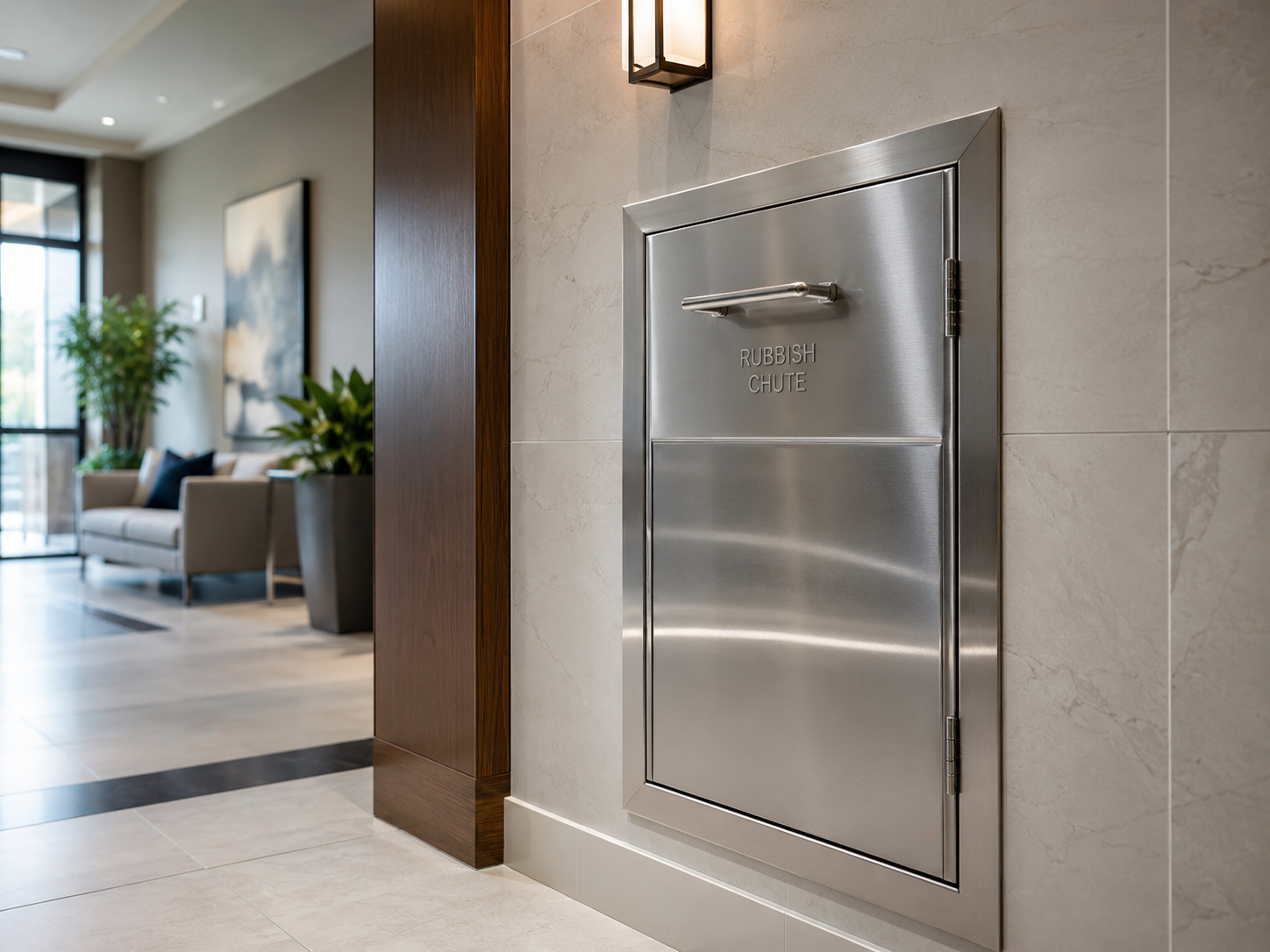 Clean stainless steel trash chute door in a bright residential corridor