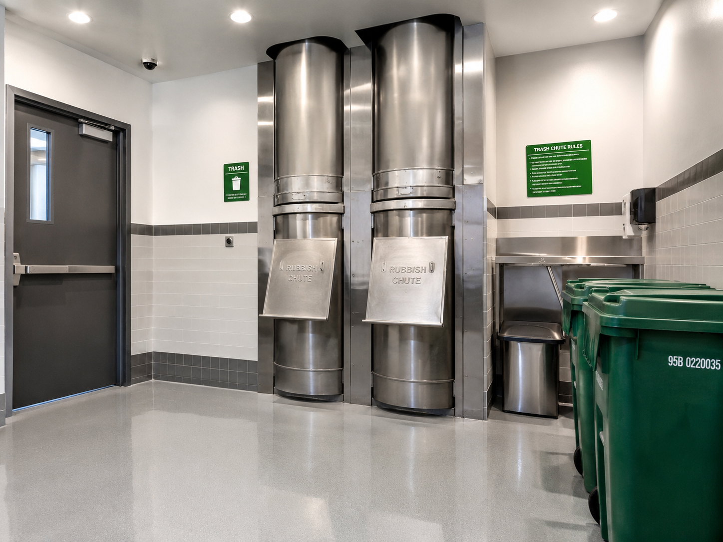 Clean stainless steel trash chute service room with organized carts and posted rules